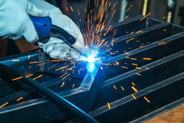 Welding metal components fabrication with intense blue light and orange sparks flying